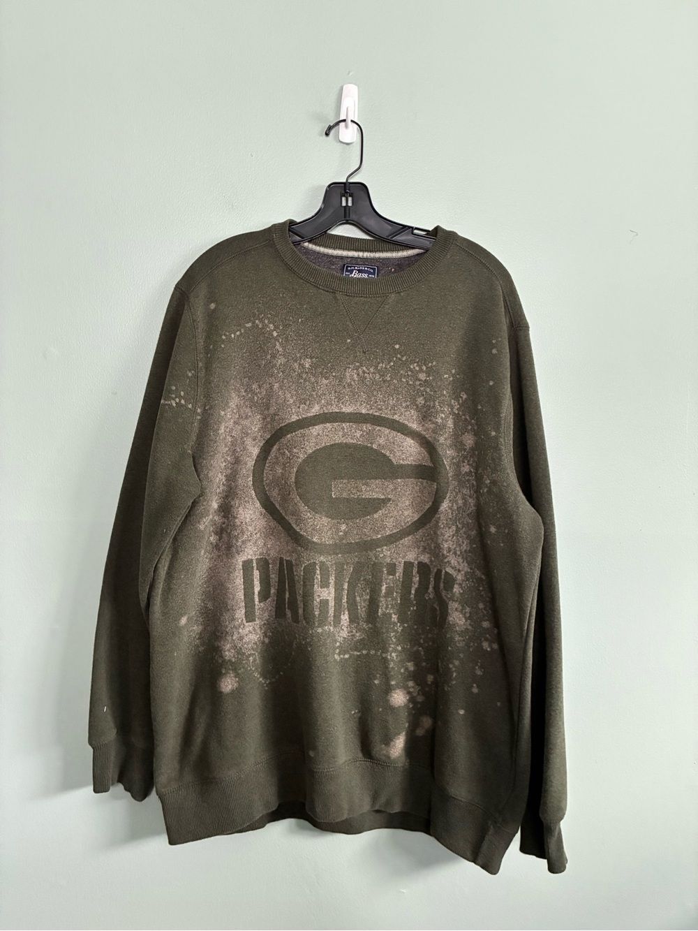 Bleached Handmade NFL Football Green Bay Packers Green Crew Sweatshirt Mens XL